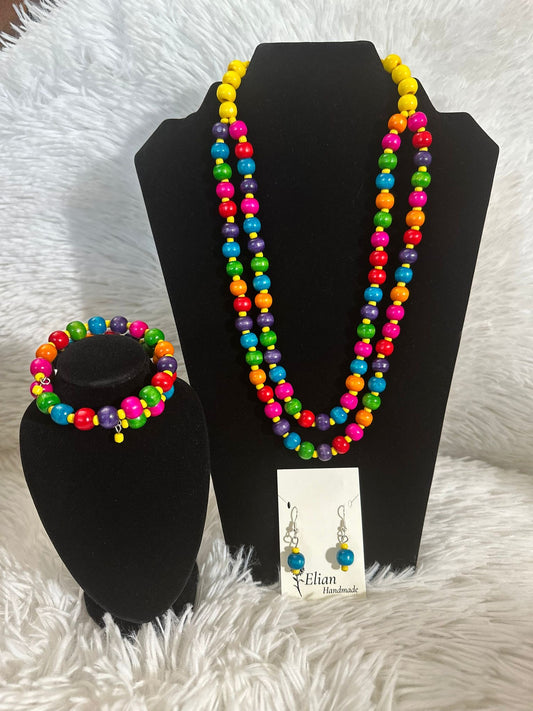 Scarlet Macaw Multicolored Bead Necklace, Earrings, and Bracelet Set