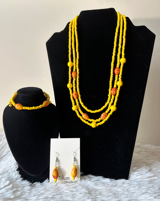 Sunrise Glass and wood handmade jewelry set.