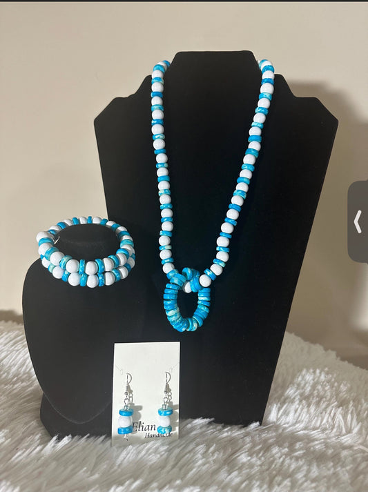 Tropical Island White and Turquoise wood and bone handmade necklace, bracelet, and earrings jewelry set.