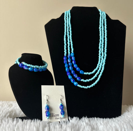 Under the Sea Blue Glass handmade necklace, earrings, and bracelet jewelry set.