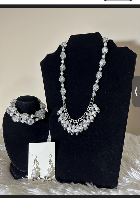 Cloudy sky Czech crystal clear, silver, and glass pearls handmade necklace, earrings, and bracelet jewelry set.