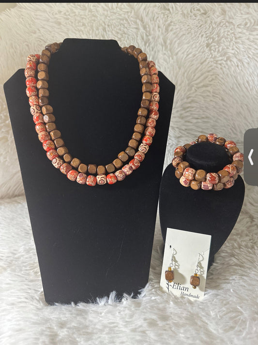 Autumn Forest Multicolored wood handmade necklace, earrings, and bracelet jewelry set.